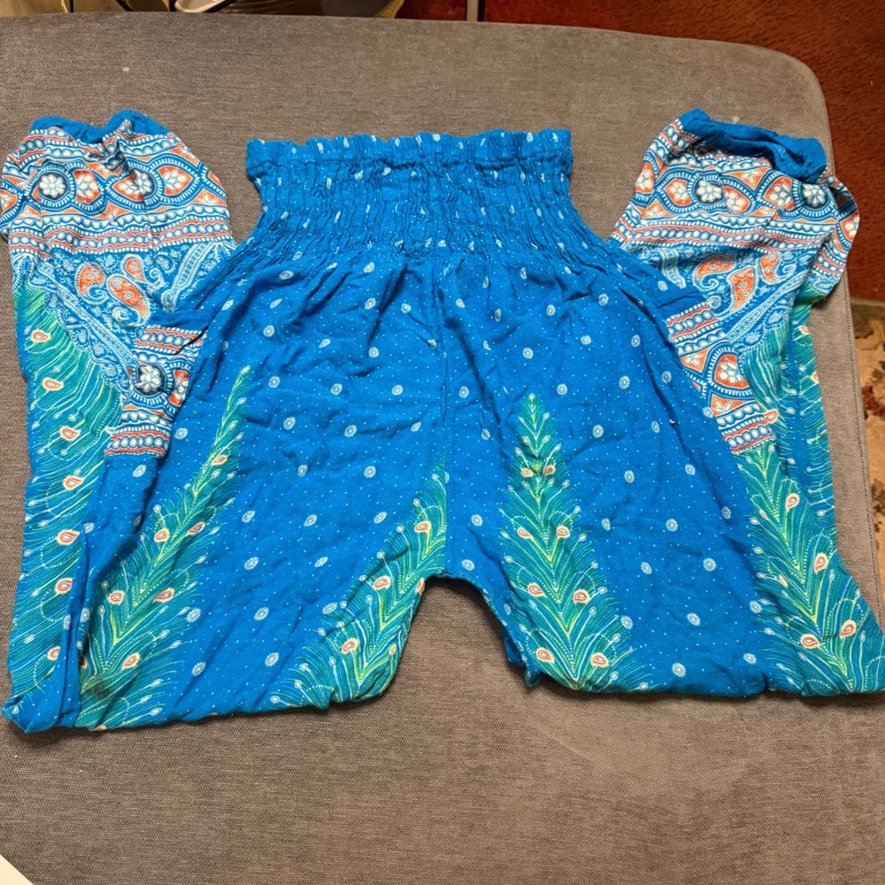 Blue Bohemian Peacock Print Smocked Waist Harem Pants Festival Joggers